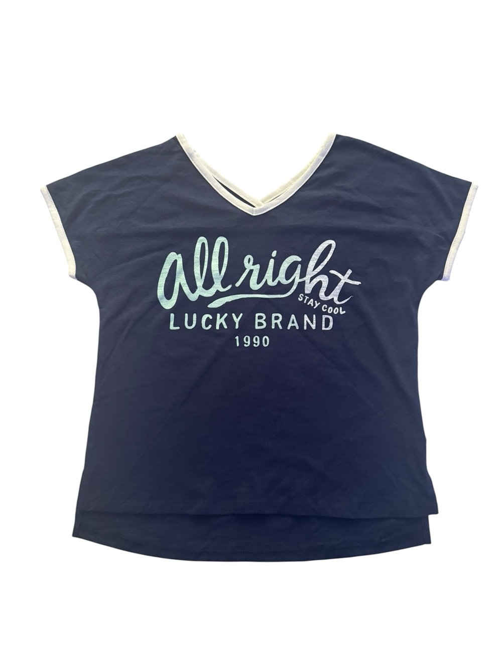 NWT Lucky Brand Girls Graphic Tee Boho Retro Chic Navy V-Neck Short Sleeve Top M